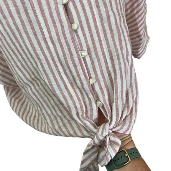 Rails women's blouse M pink white stripe Thea Florence linen blend top low v - Picture 3 of 9